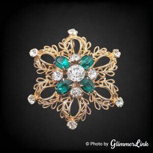 VTG Scitarelli Filigree Flower Green Clear Rhinestones Gold Tone Brooch Pendant